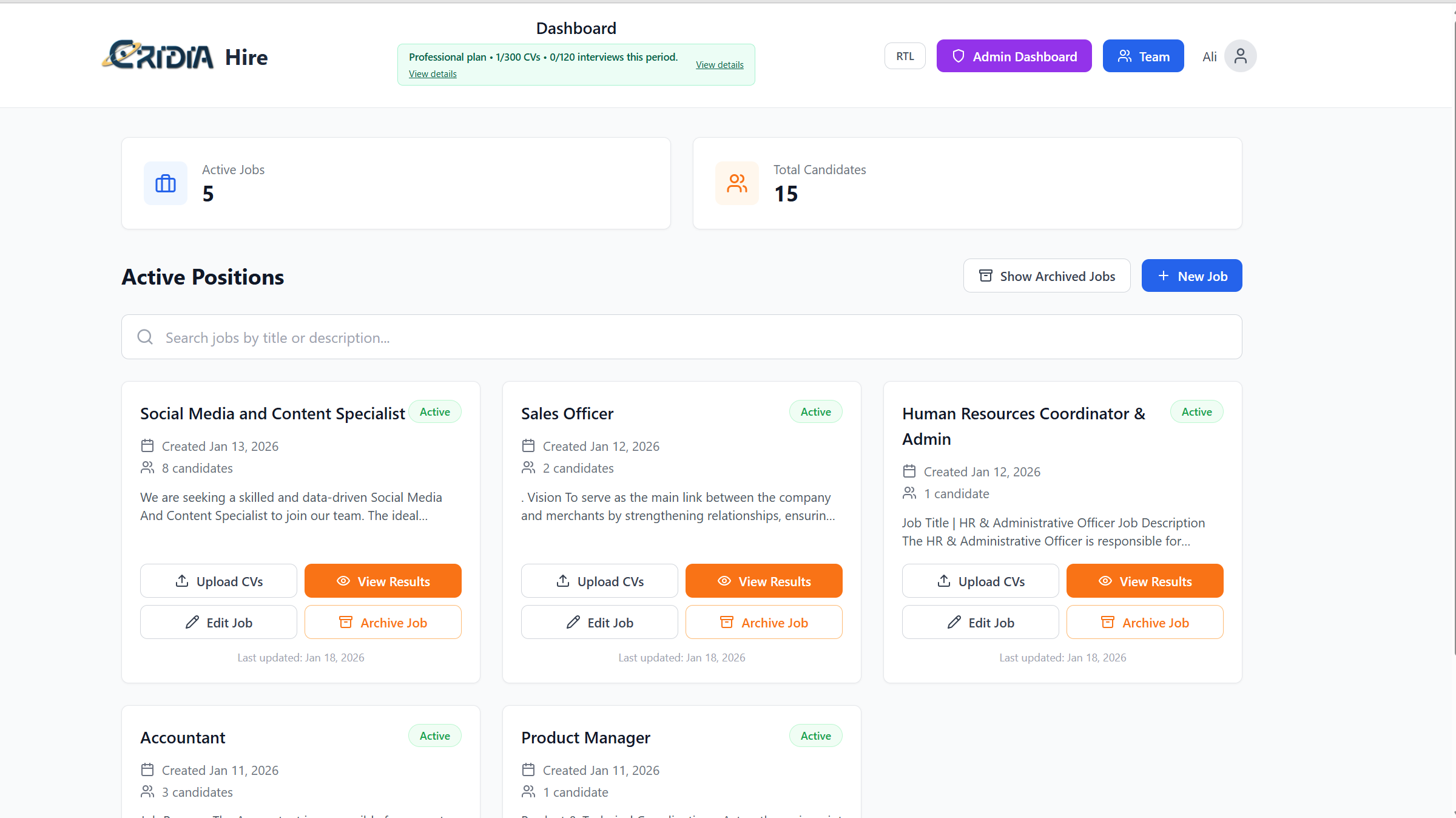 Cridia Hire dashboard showing active job positions with candidate scoring and status indicators